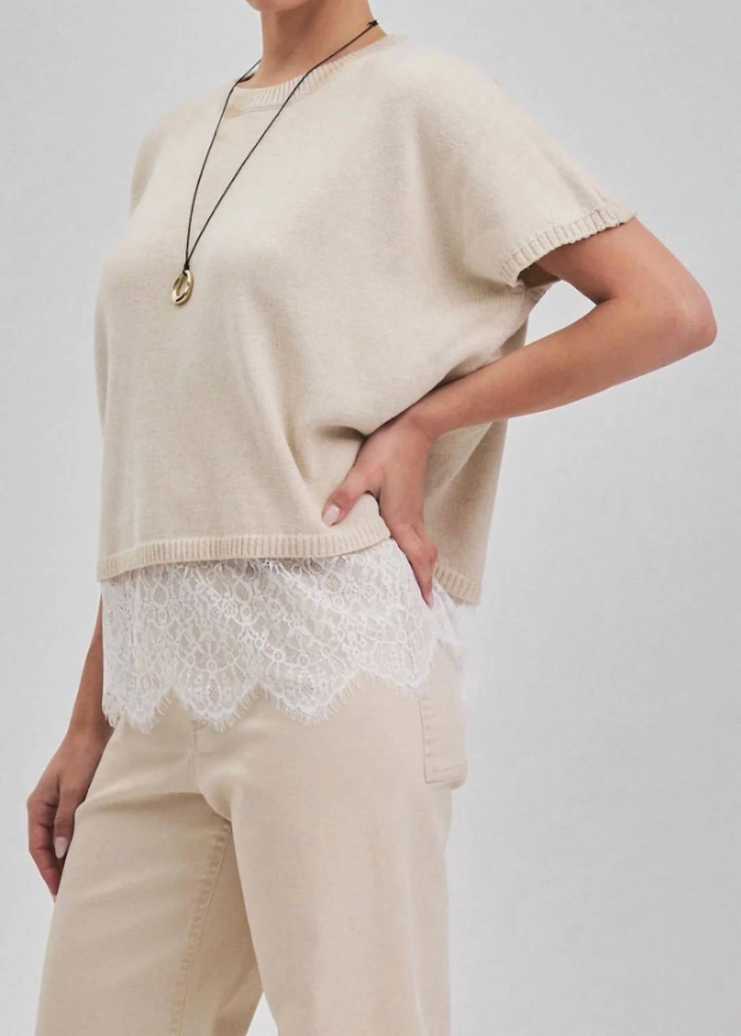 Able - Lace Detail Short Sleeve Sweater Top
