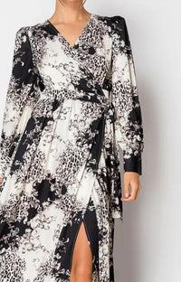 INA Fashion Puff Sleeve Belted Maxi Dress in black ivory - women's dress - detail view