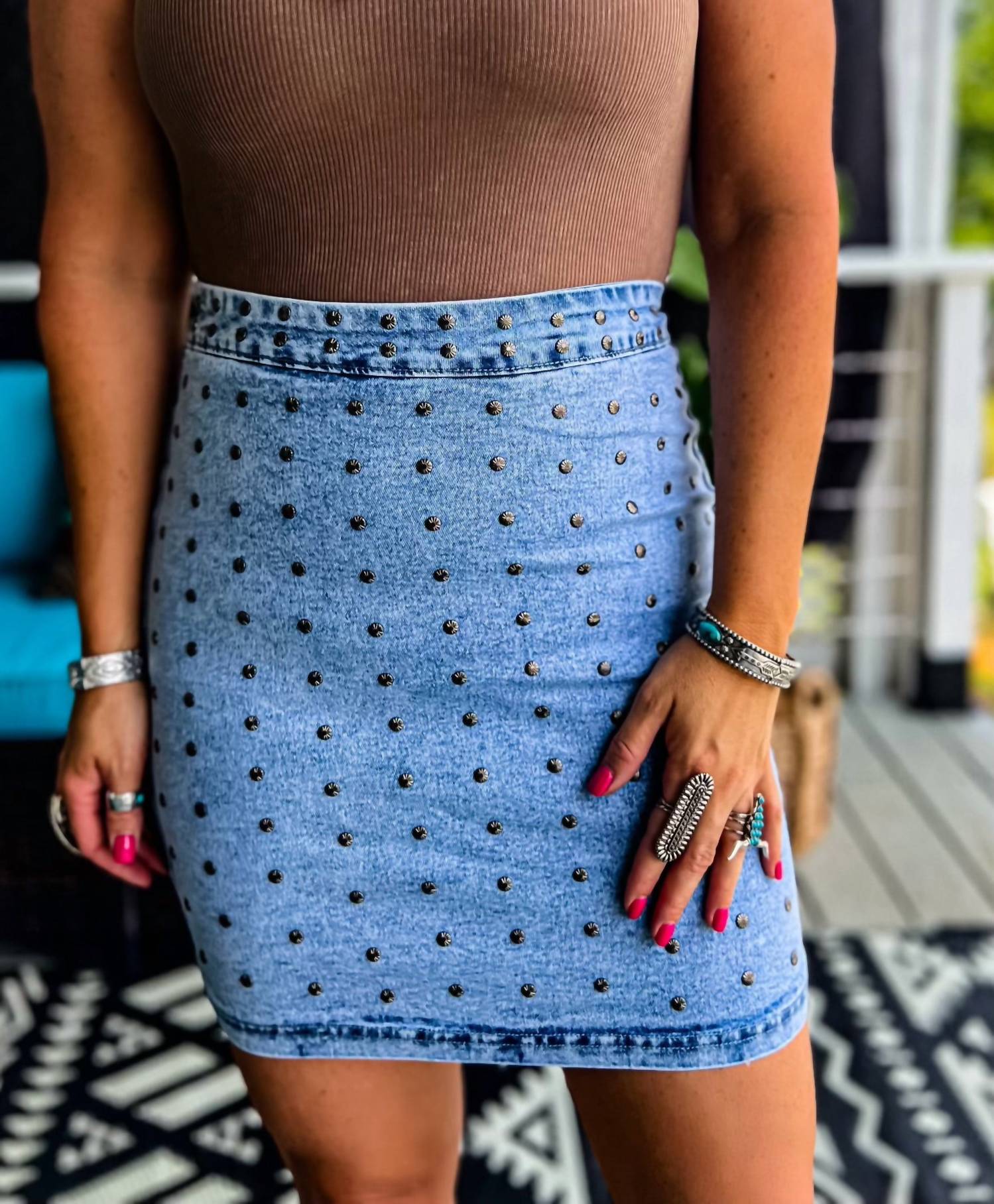 2FlyCo Concho Studded Dreamz Denim Skirt in blue - women's skirt