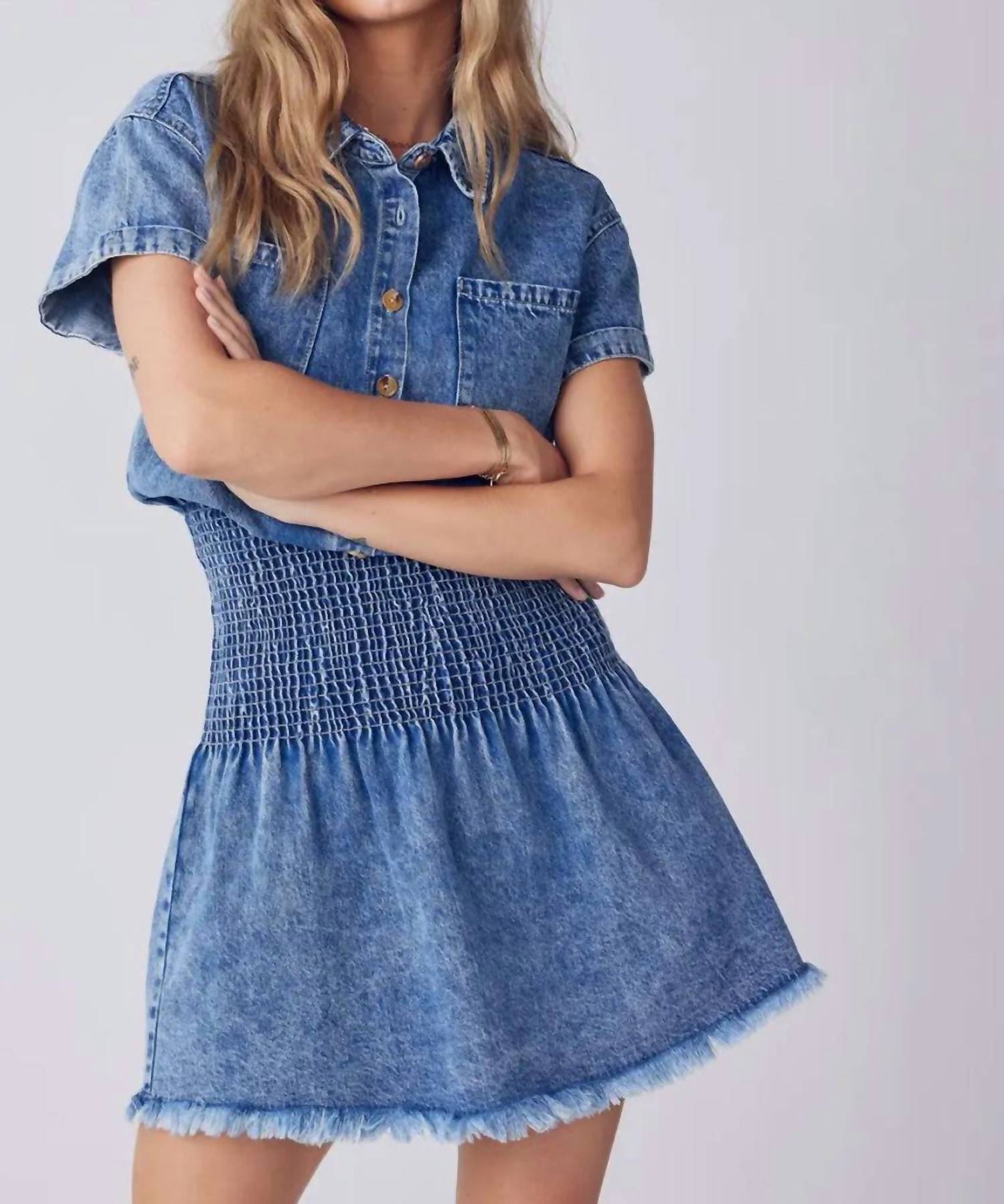 BluIvy Button Up Smocking Waist Denim Mini Dress in blue - women's dress - view 6