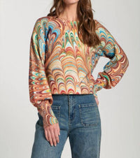 Apny - Abstract Marble Printed Puff Sleeve Pullover Top