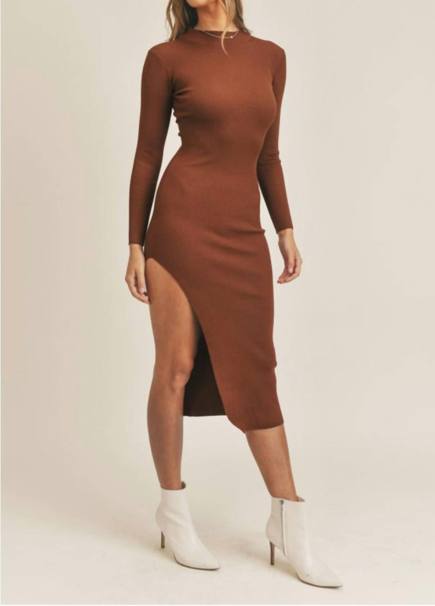 Mable - Long sleeve midi sweater dress with one side high slit.