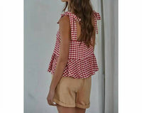 By Together Gingham Print Square Neck Peplum Top in red - women's blouse - detail view