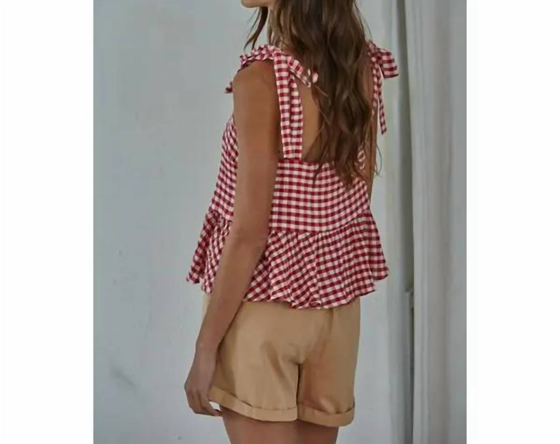 By Together Gingham Print Square Neck Peplum Top in red - women's blouse - detail view
