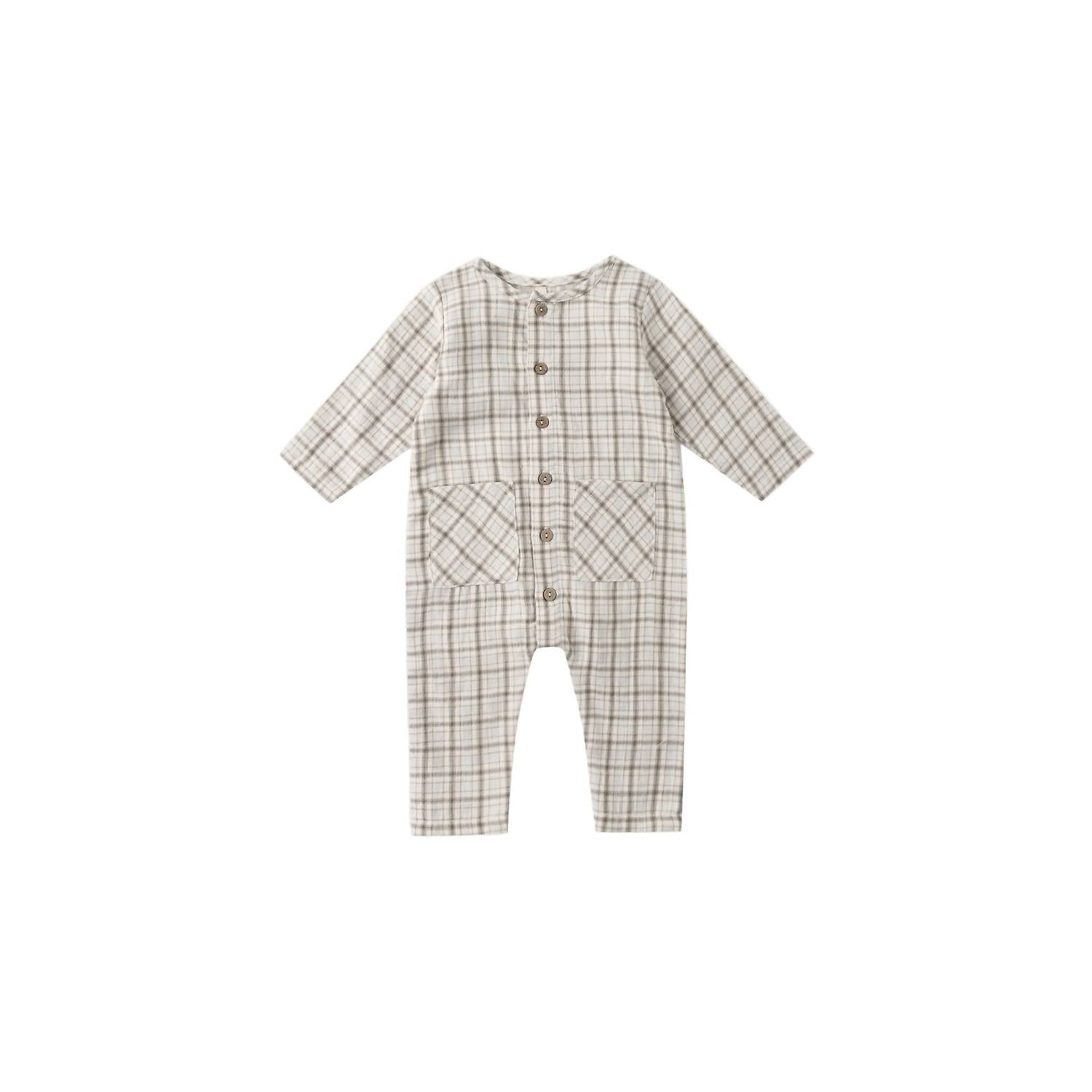 Quincy Mae Kids Pocketed Woven Jumpsuit in blue plaid - item
