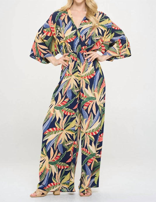 Reneec. - Tropical Print V Neck Wide Leg Jumpsuit