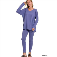Zenana - Soft Brushed Fabric Round Neck Long Sleeve Top & Leggings - 2 Pieces Set