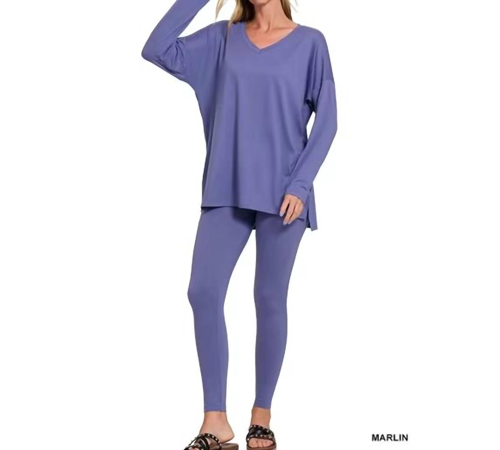 Zenana - Soft Brushed Fabric Round Neck Long Sleeve Top & Leggings - 2 Pieces Set