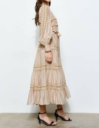 INA Fashion Angelina Crochet-style Lace Panel Satin Midi Dress in taupe - women's dress - detail view