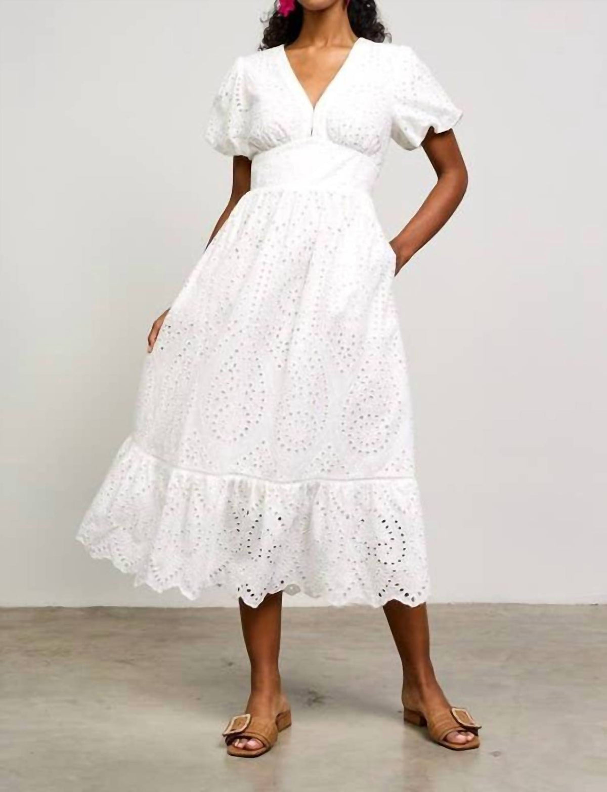 Skies Are Blue - Eyelet Lace Smocked Back Midi Dress