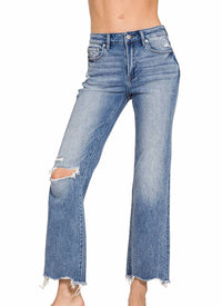 Zenana - Distressed Knee Raw Hem Jeans