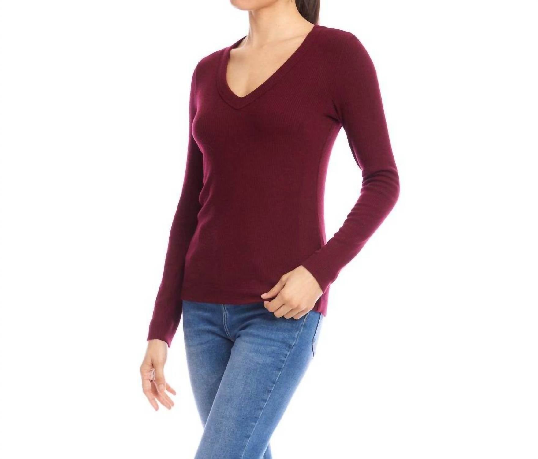 Karen Kane Long Sleeve Ribbed V-neck Top - Petite in wine - women's long sleeve top - alternate view
