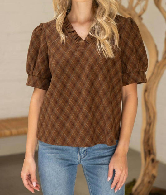 Voy - V-neck Argyle Plaid Flannel Top