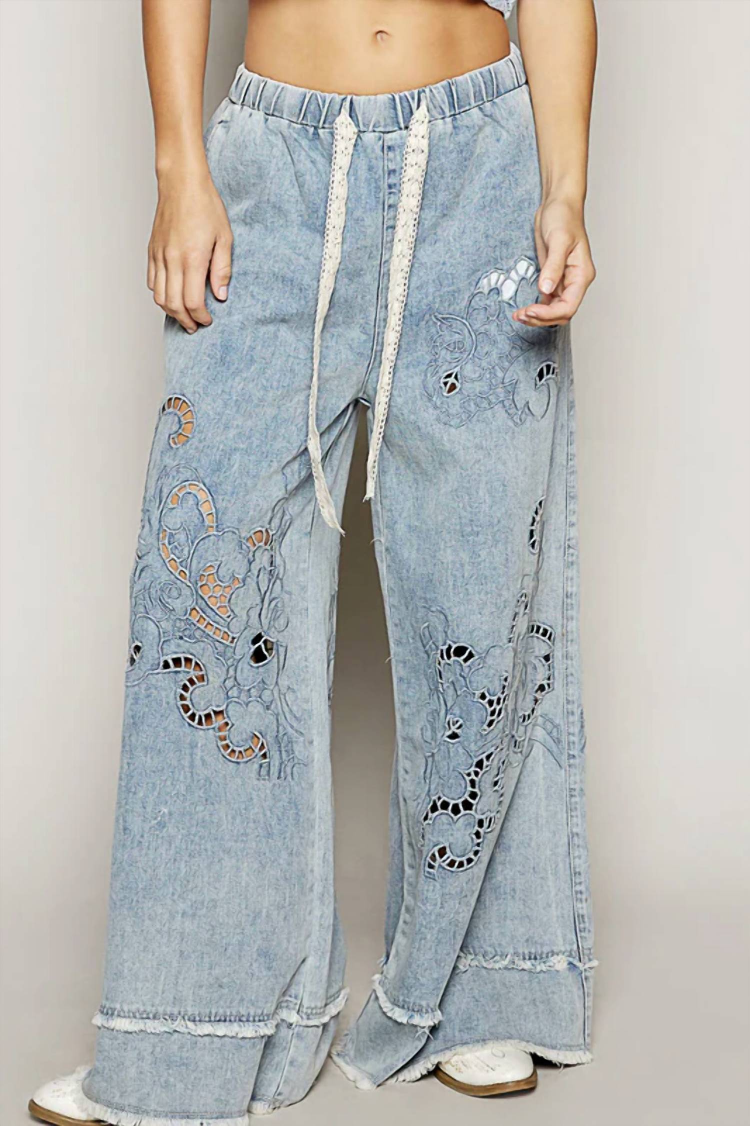 Pol - Denim Vintage Wash Outseam Woven Twill Wide Pants