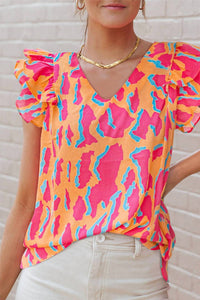 T & C  Apparel - Leopard V Neck Ruffled Sleeve Blouse
