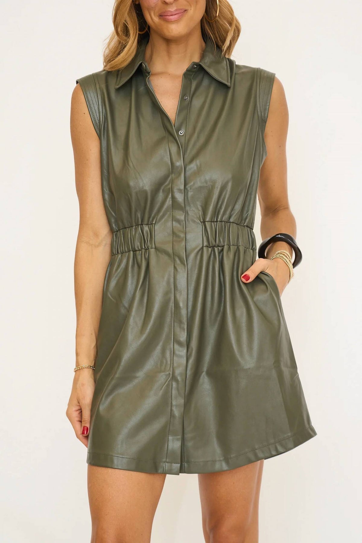 Elan - Sleeveless Faux Leather Utility Dress
