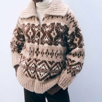 White + Warren Alpaca Blend Fair Isle Bomber Sweater in brown combo - women's cardigan