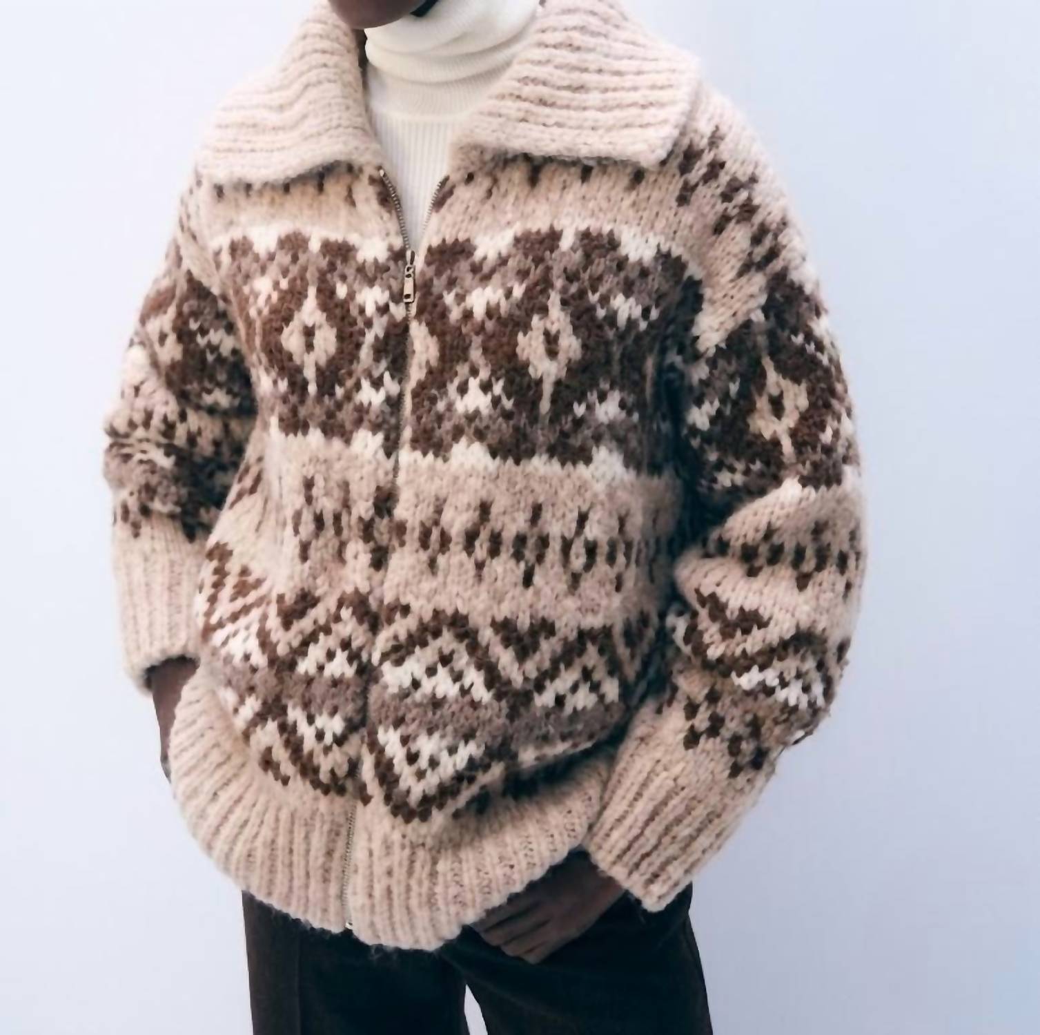 White + Warren Alpaca Blend Fair Isle Bomber Sweater in brown combo - women's cardigan