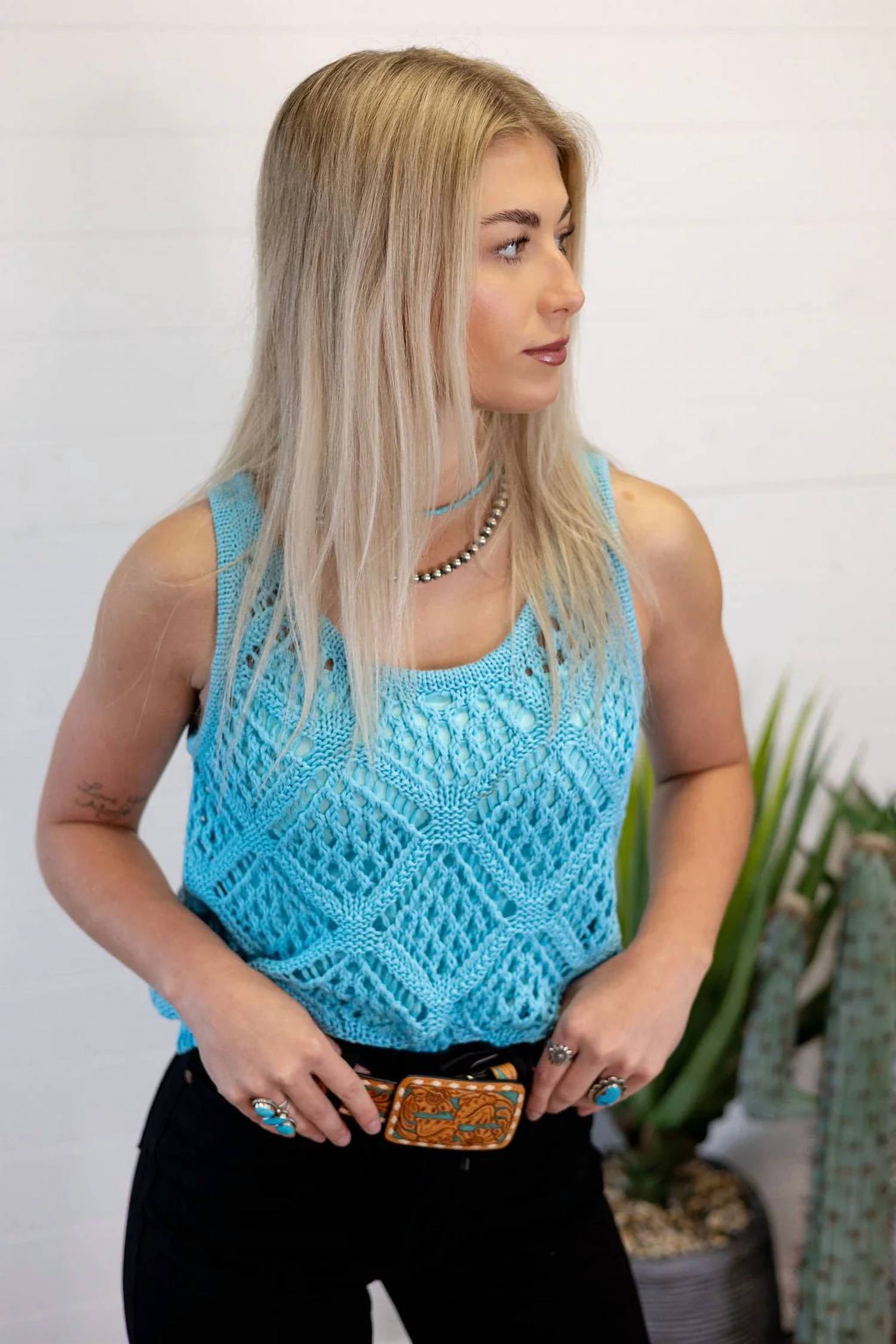 Hyfve - Open Stitch Scoop Neck Sleeveless Western Layering Top