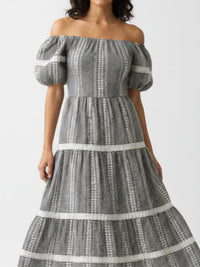 She + Sky - Embroidered Gingham Tiered Midi Dress