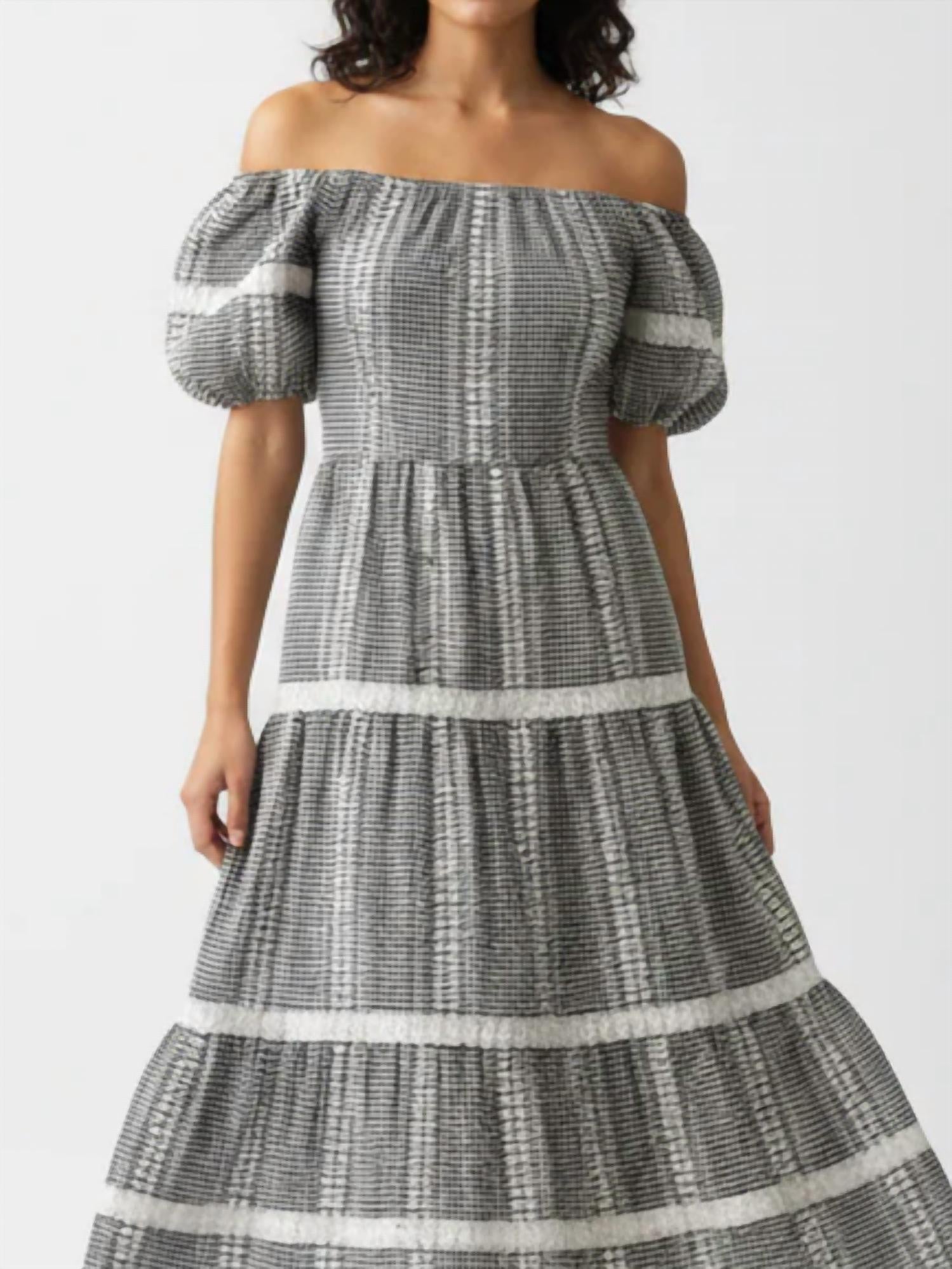 She + Sky - Embroidered Gingham Tiered Midi Dress