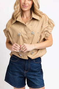 Karlie - Solid Poplin Jeweled Top