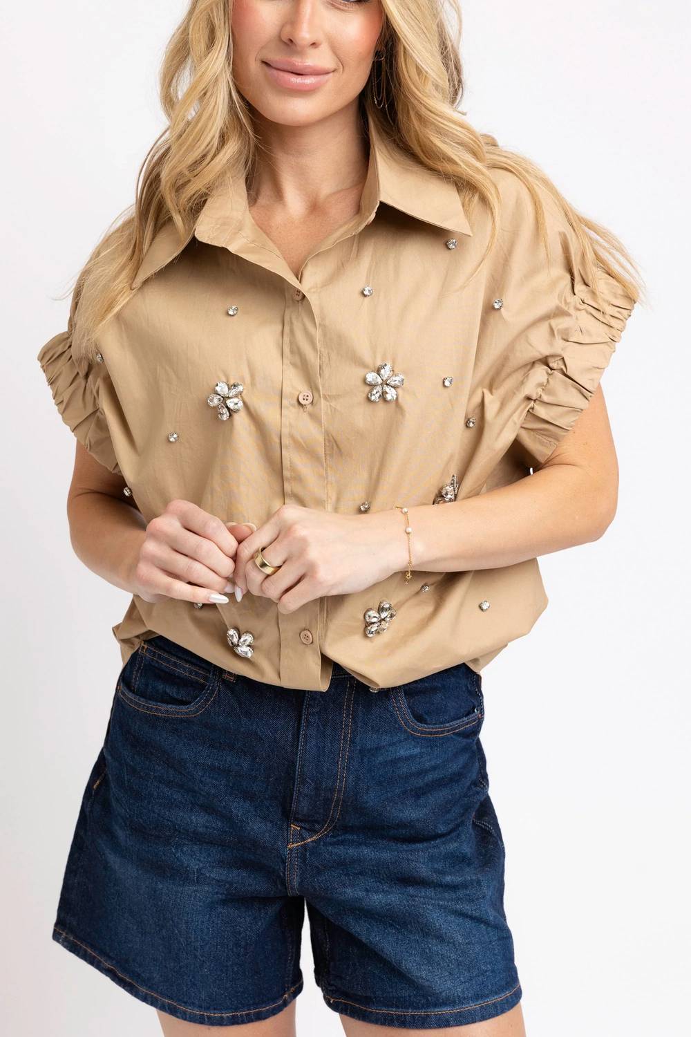 Karlie - Solid Poplin Jeweled Top