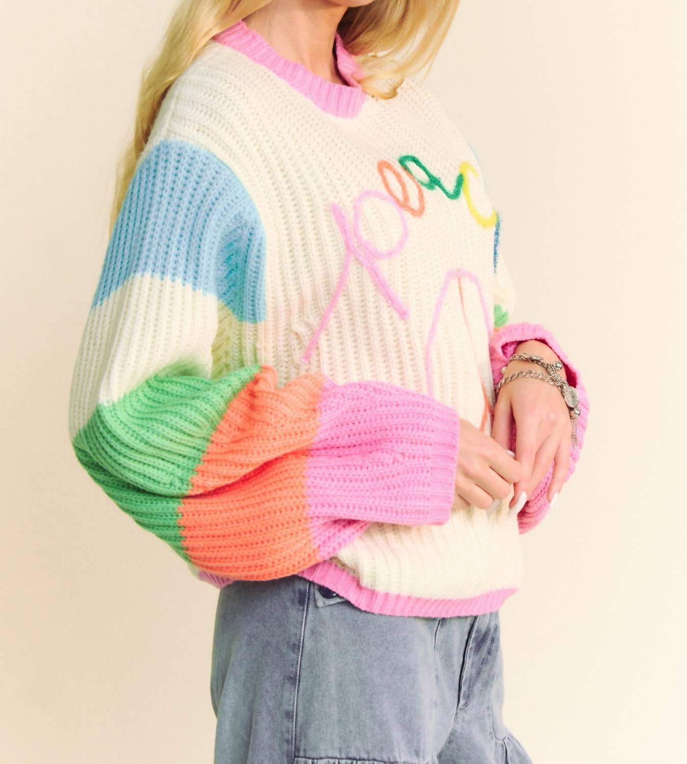 DAVI & DANI 3d Chunky Thread Peace Sign Sweater in beige multi - women's sweater - detail view