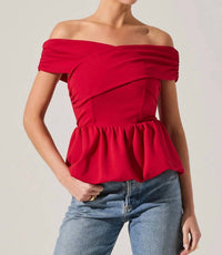 ASTR Tennille Off Shoulder Peplum Top in red - women's shirt - detail view