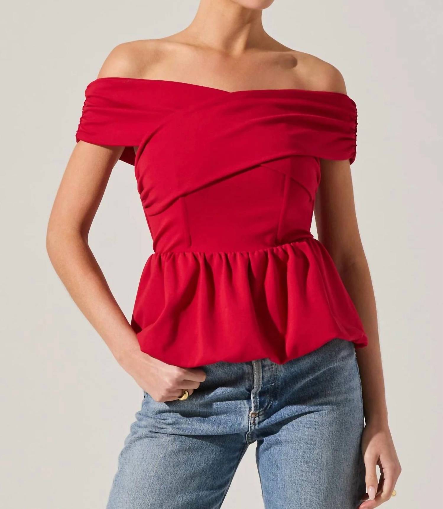 ASTR Tennille Off Shoulder Peplum Top in red - women's shirt - detail view