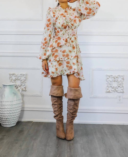 Surelymine - Bubble Sleeves Floral Cutout Laced Mini Dress