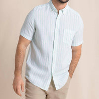 SOUTHERN TIDE Crepe Myrtle Striped Linen Short Sleeve Button Down Shirt in jade green - men's shirt