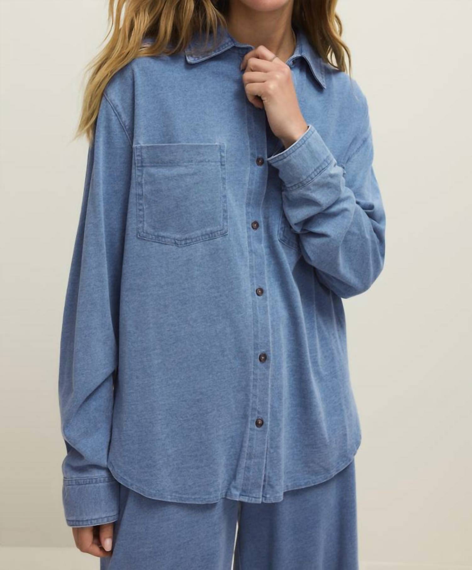Z Supply Reese Jersey Denim Top in santorini indigo - women's shirt