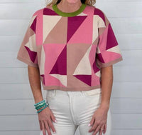 entro Geometric Pattern Short Sleeve Knit Top in multi - women's t-shirt