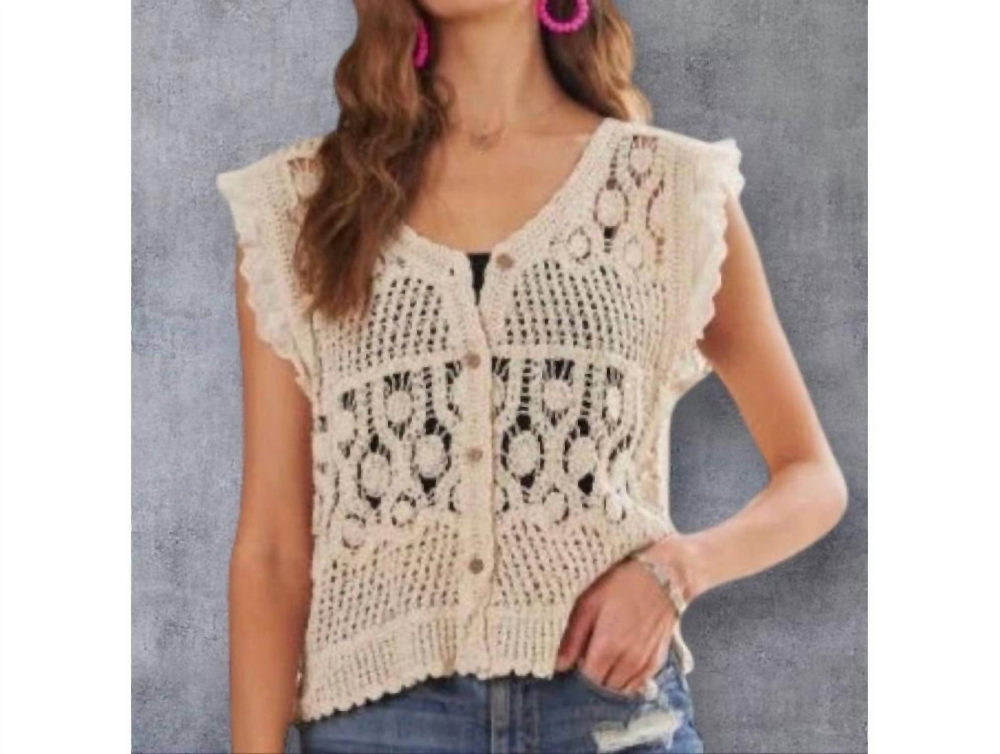 Pretty Bash - Crochet Ruffle Sleeve Button-down Vest Top