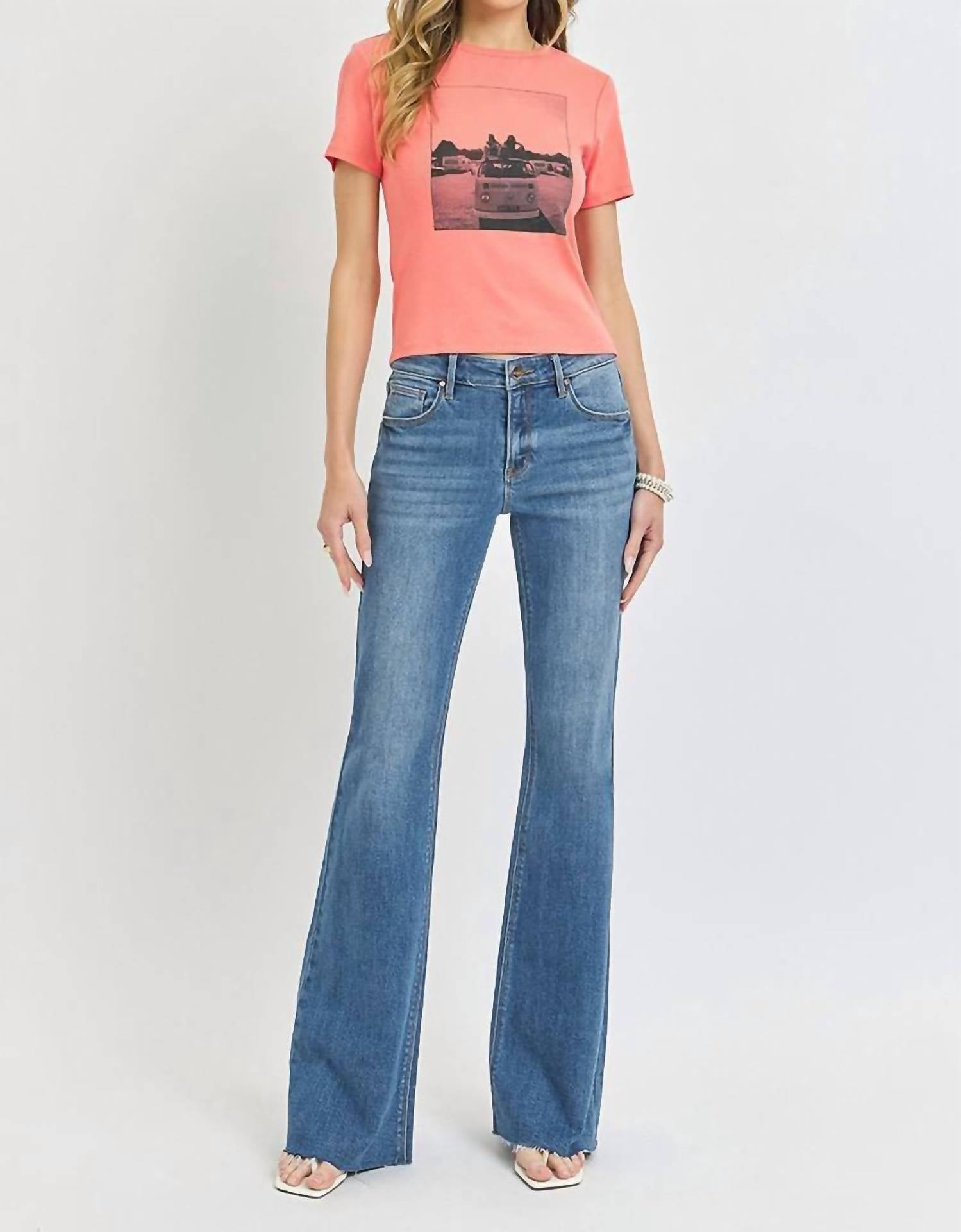 Risen - Mid Rise Flare Raw Cut Hem Jeans