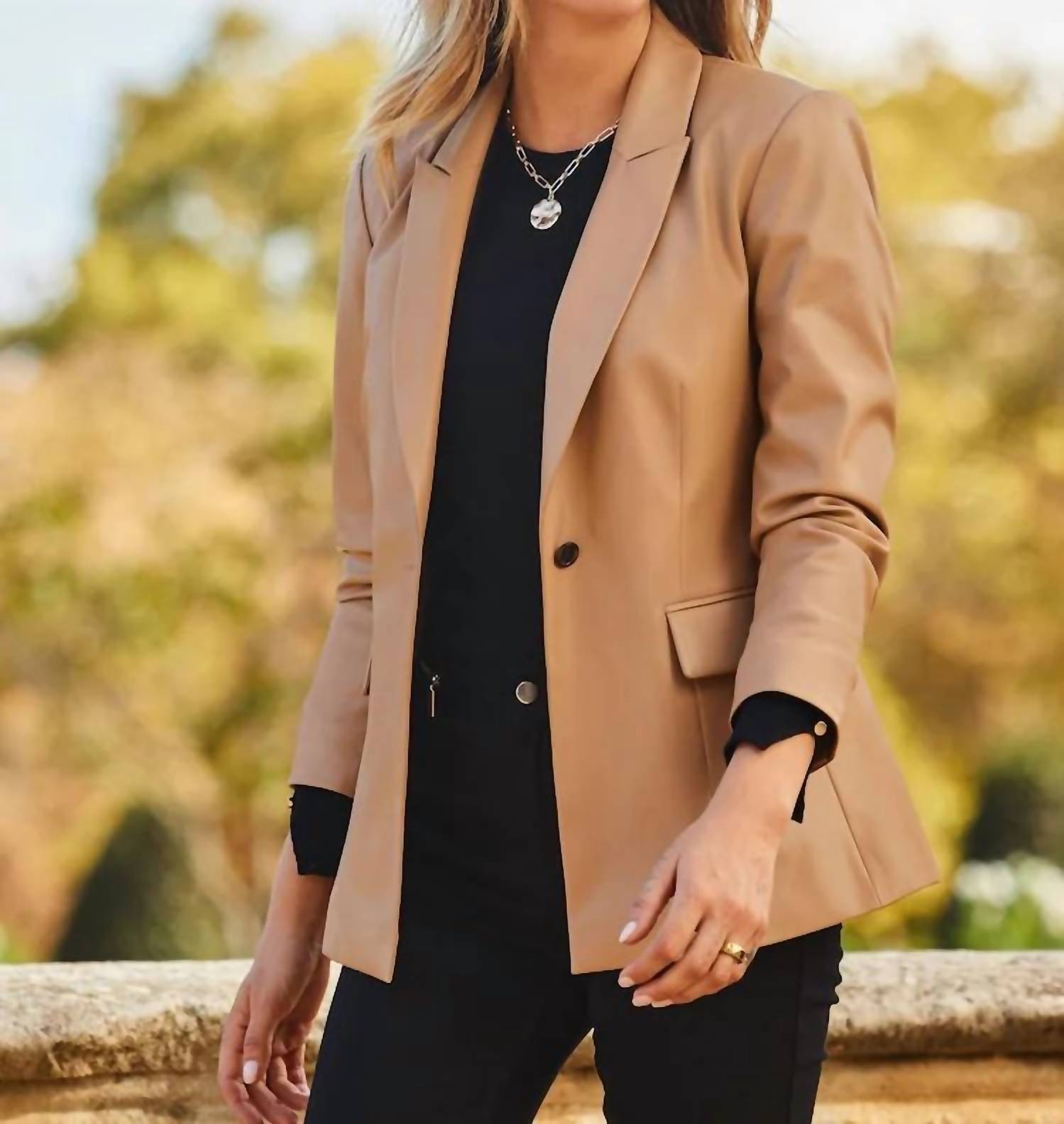 Sosandar Premium Faux Leather Blazer in tan - women's jacket - alternate view