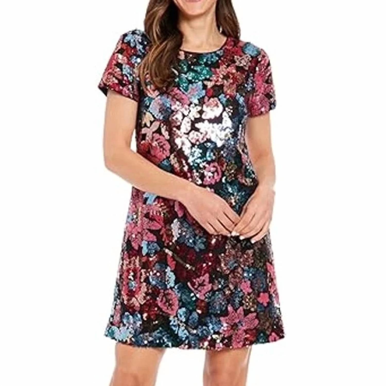 London Times - Sequin Crew Neck T-shirt Mini Dress