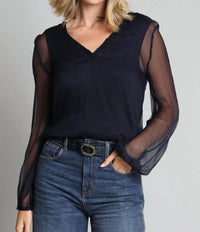 Lola & Sophie Crinkle Chiffon Top in navy - women's blouse