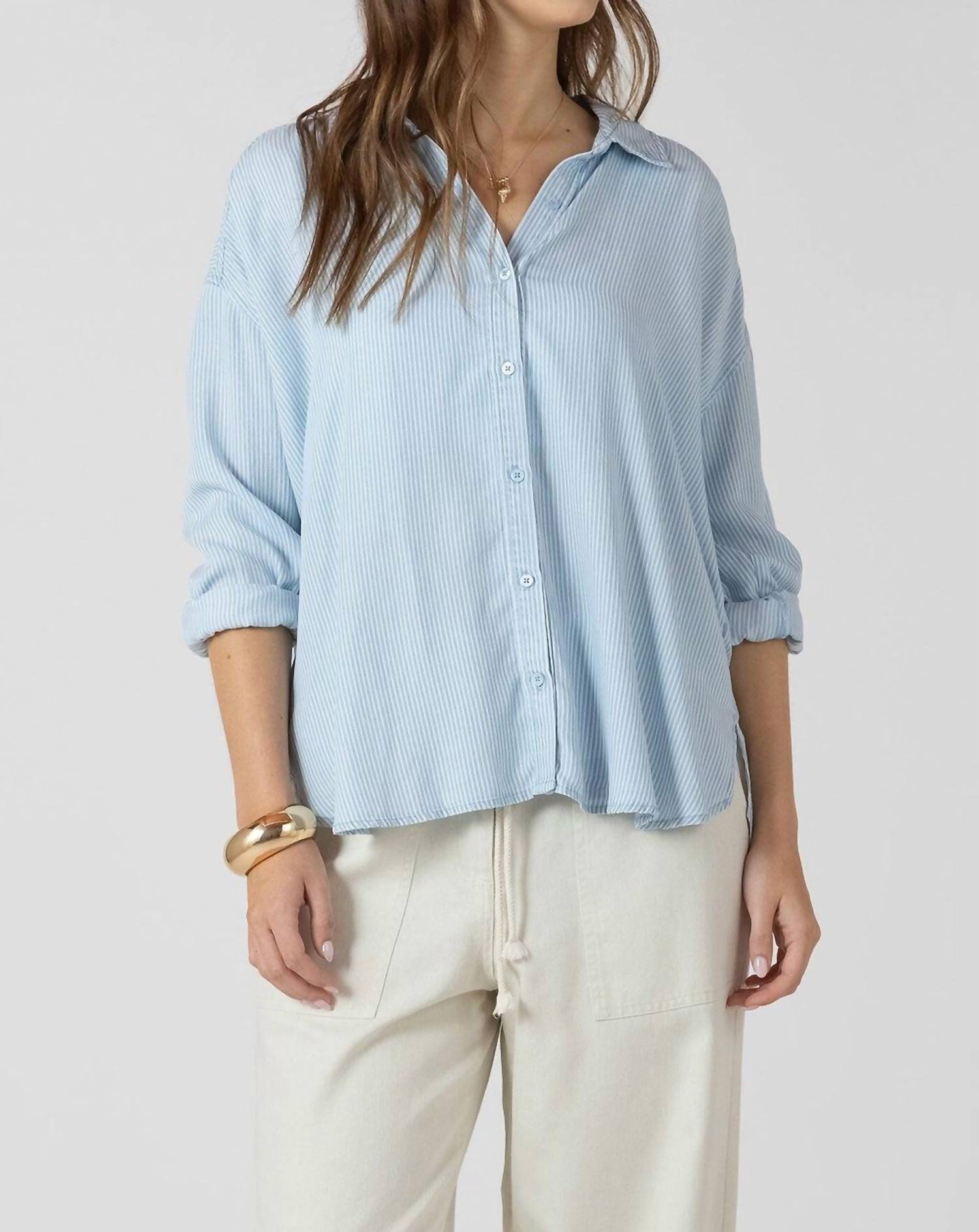 Dex Clothing Button Up Top Shirt in coastal blue stripe - women's shirt