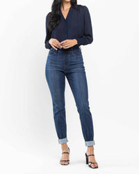 Judy Blue Waist Pull On Slim Fit Cuffed Jeans in dark wash - women's jeans - alternate view