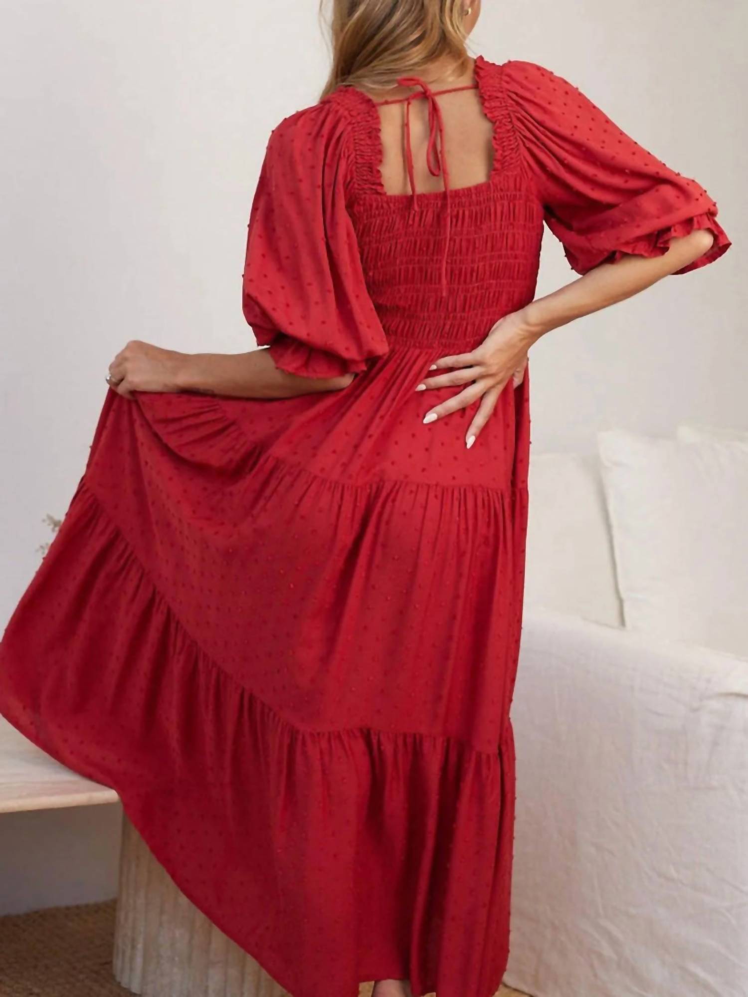 Trendsi - Smocked Swiss Dot Square Neck Dress - Plus