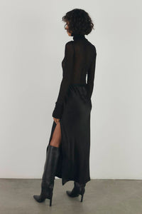 Enza Costa COTTON MESH LONG SLEEVE CUFFED TURTLENECK TOP in black - women's sweater - detail view