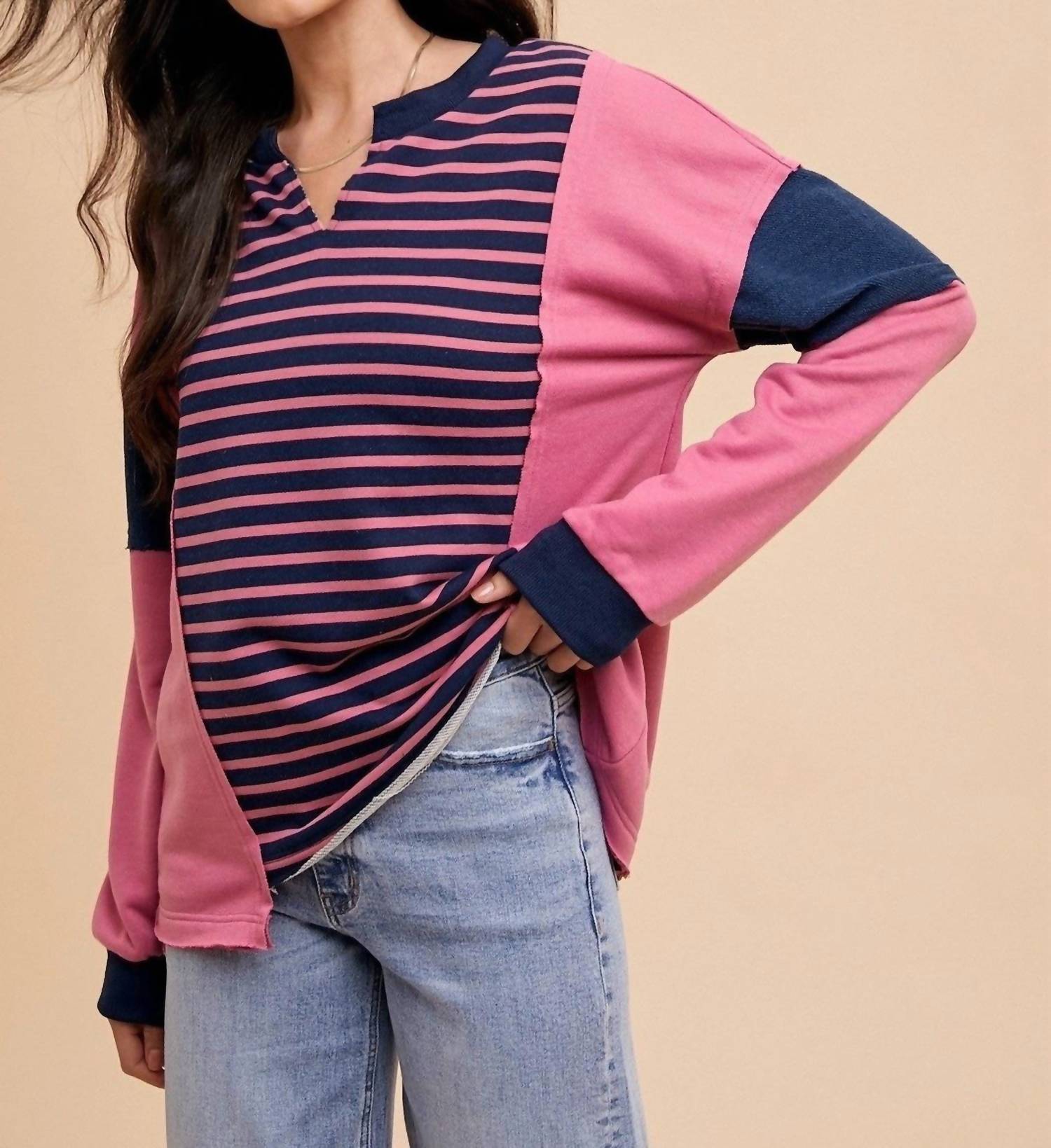 Anniewear - Striped Color Block Sweatshirt