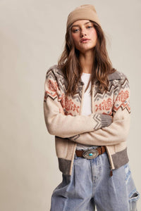 Listicle - Retro Floral Knit Zip-up Cardigan