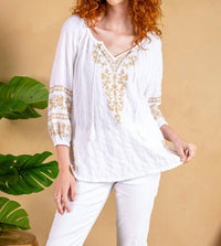 PAPARAZZI Textured Woven Embroidered Peasant Top in white - women's blouse