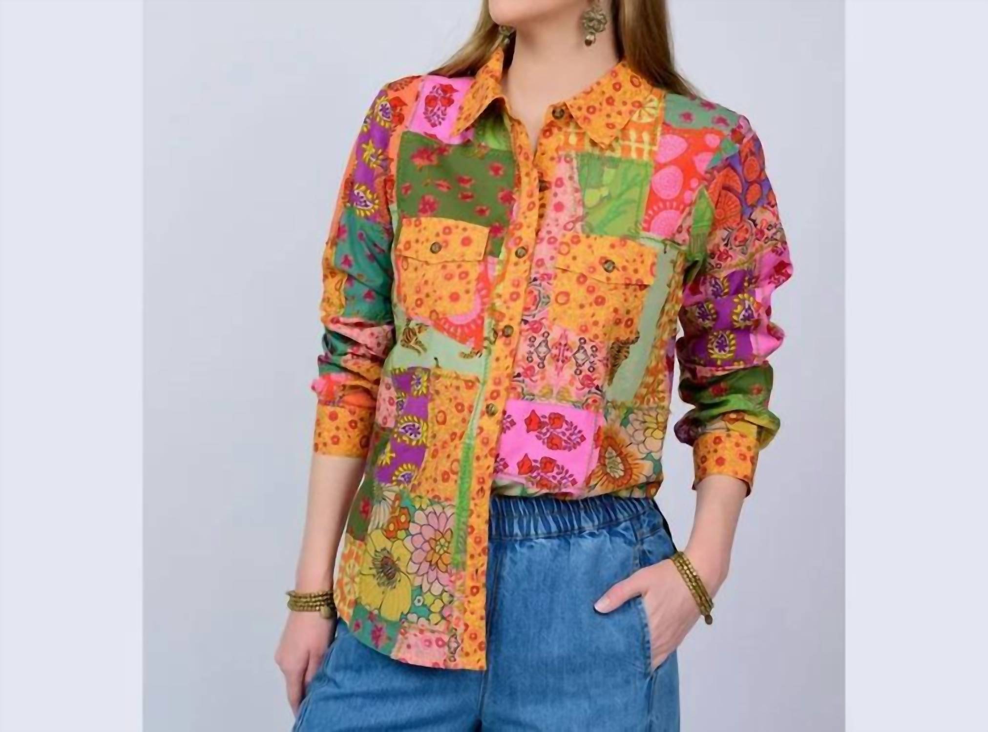 Ivy Jane Delilah Patchwork Camp Shirt in multi - women's long sleeve top - detail view