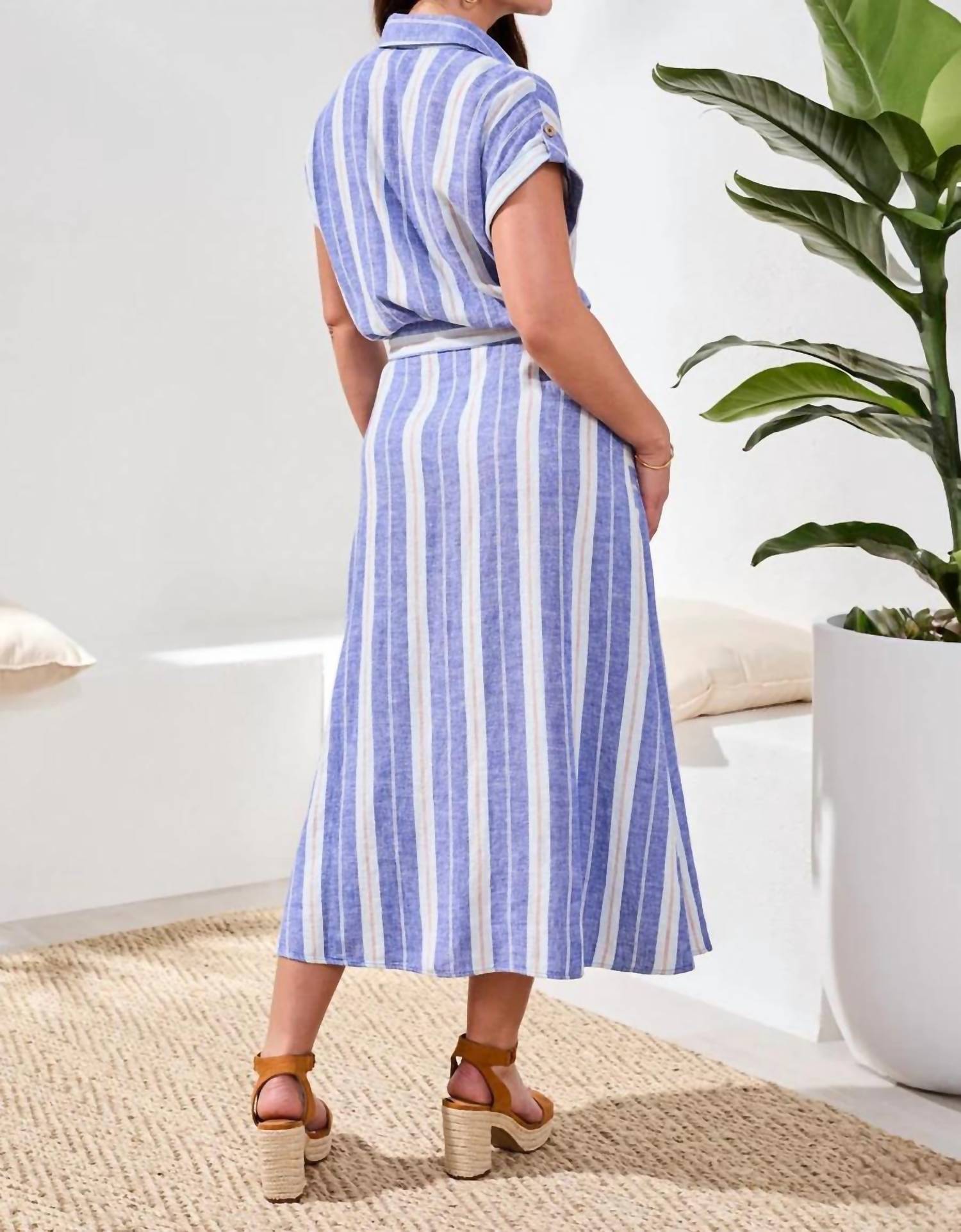 Tribal - Short-sleeve Striped Midi Shirt Dress