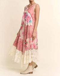 Davi & Dani - Women's Print Flower Patchwork Lace Tiered Dress
