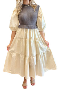 Ces Femme Ellie Mixed Media Tiered Midi Dress in grey cream - women's dress